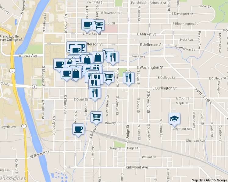 map of restaurants, bars, coffee shops, grocery stores, and more near 504 East Burlington Street in Iowa City
