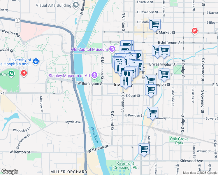 map of restaurants, bars, coffee shops, grocery stores, and more near 201 South Clinton Street in Iowa City