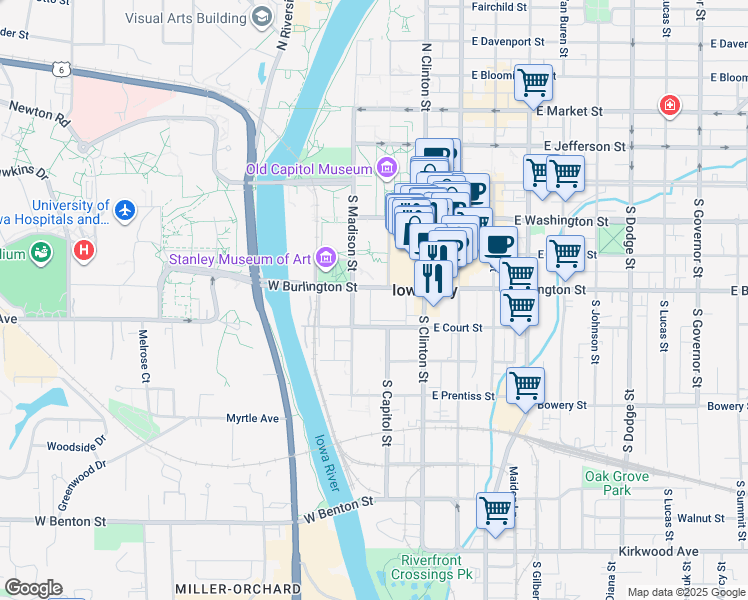 map of restaurants, bars, coffee shops, grocery stores, and more near 240 South Madison Street in Iowa City
