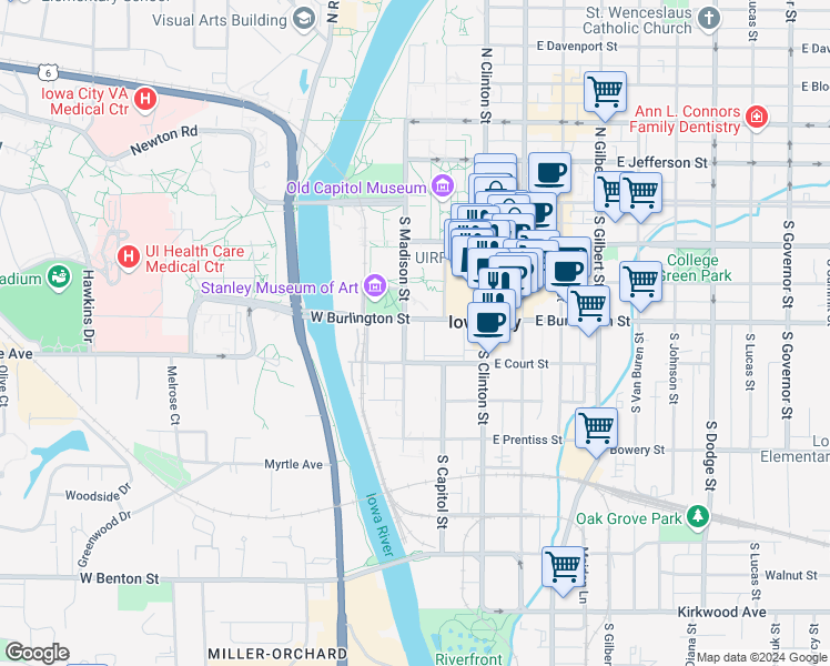 map of restaurants, bars, coffee shops, grocery stores, and more near 240 South Madison Street in Iowa City