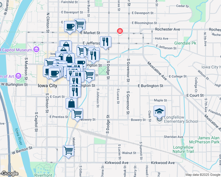 map of restaurants, bars, coffee shops, grocery stores, and more near 230 South Dodge Street in Iowa City