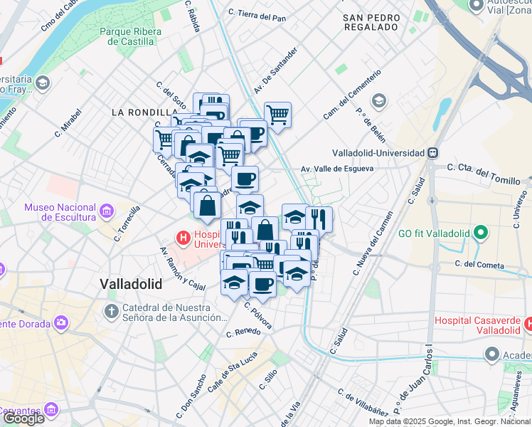 map of restaurants, bars, coffee shops, grocery stores, and more near 47 Paseo Prado de la Magdalena in Valladolid