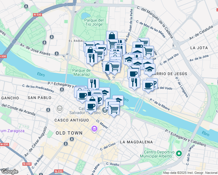 map of restaurants, bars, coffee shops, grocery stores, and more near Puente de Piedra in Zaragoza