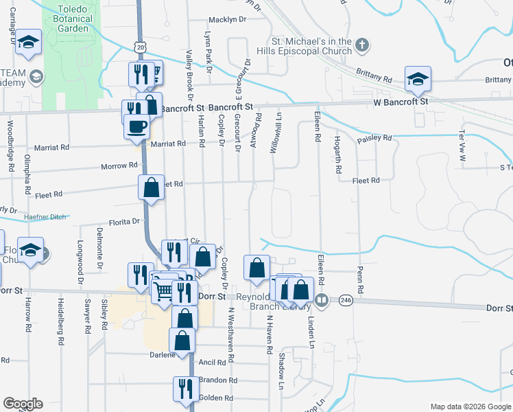 map of restaurants, bars, coffee shops, grocery stores, and more near 1867 Atwood Road in Toledo