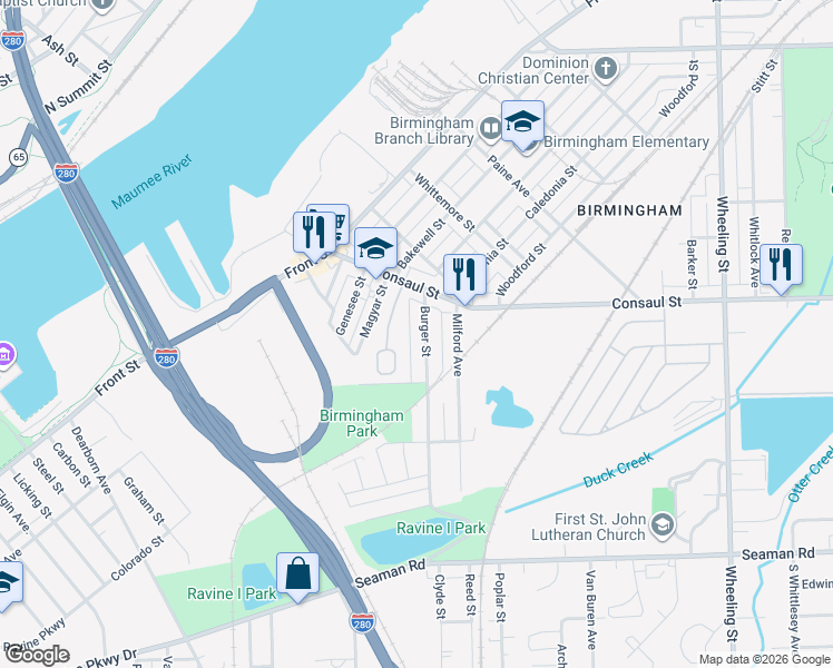 map of restaurants, bars, coffee shops, grocery stores, and more near 357 Burger Street in Toledo
