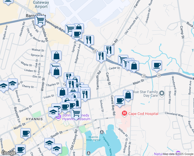 map of restaurants, bars, coffee shops, grocery stores, and more near 89 Yarmouth Road in Barnstable