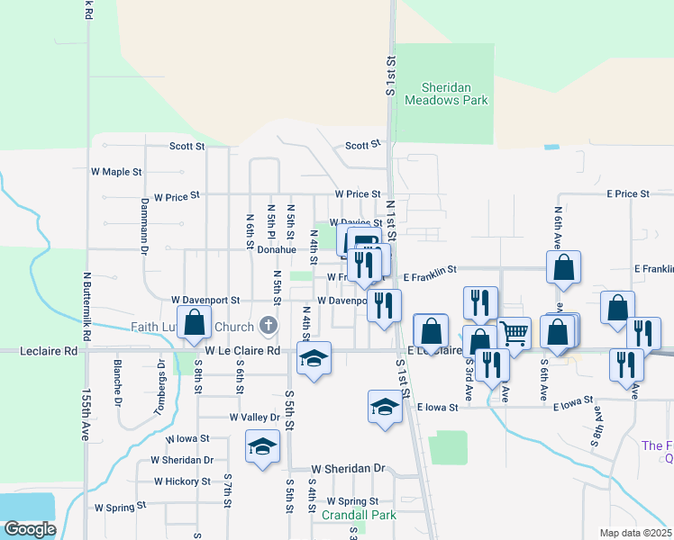 map of restaurants, bars, coffee shops, grocery stores, and more near 309 West Donahue Street in Eldridge
