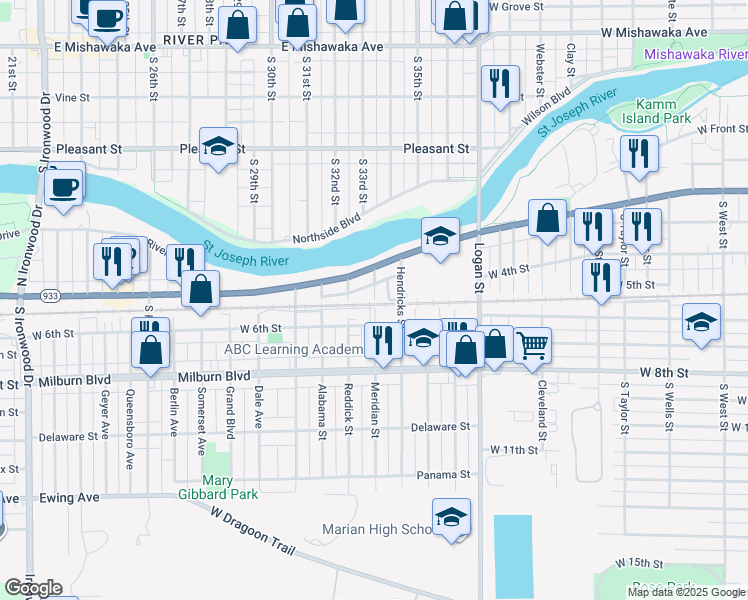 map of restaurants, bars, coffee shops, grocery stores, and more near 298 Meridian St in Mishawaka