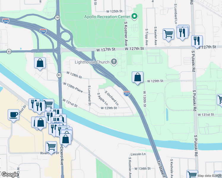 map of restaurants, bars, coffee shops, grocery stores, and more near 12821 South Blossom Drive in Alsip