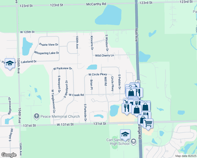 map of restaurants, bars, coffee shops, grocery stores, and more near 12809 South Surrey Court in Palos Park