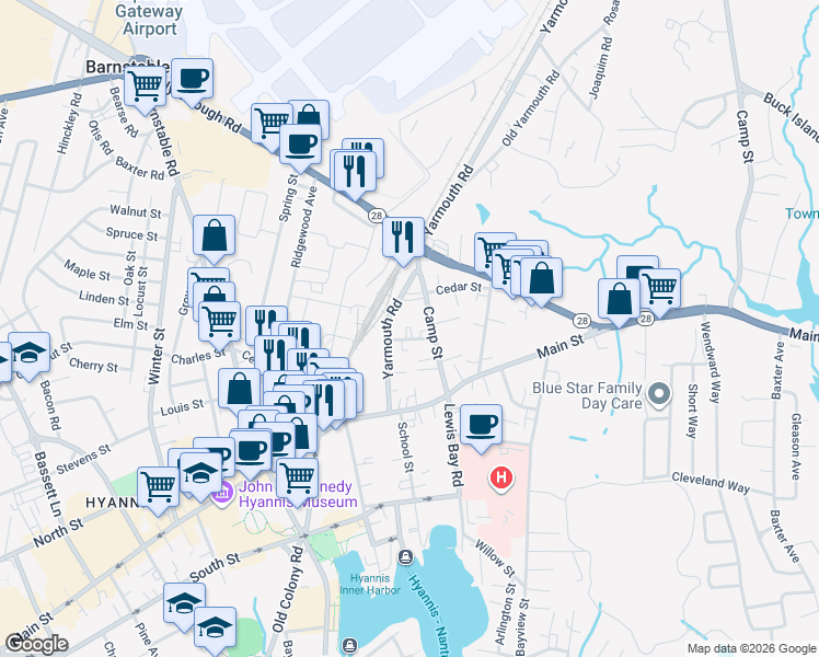 map of restaurants, bars, coffee shops, grocery stores, and more near 91 Camp Street in Barnstable