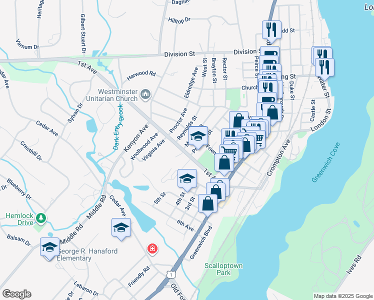 map of restaurants, bars, coffee shops, grocery stores, and more near 112 Mawney Street in East Greenwich