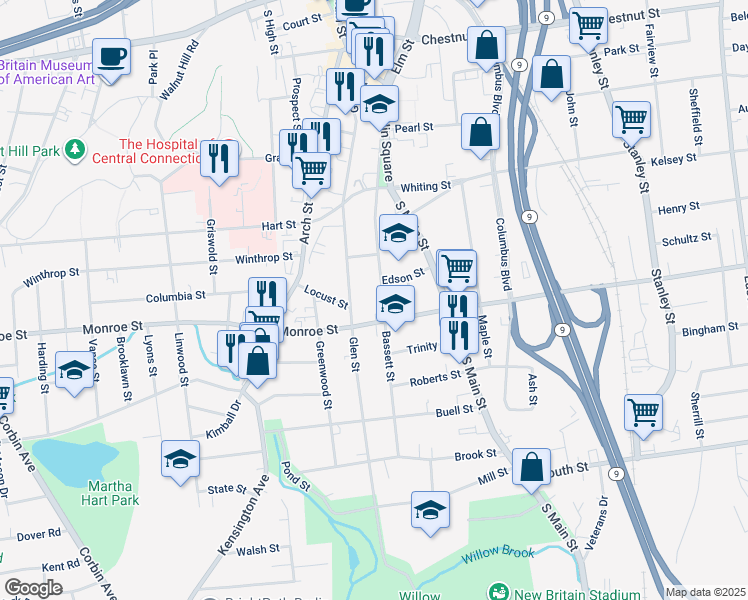 map of restaurants, bars, coffee shops, grocery stores, and more near 111 Bassett Street in New Britain