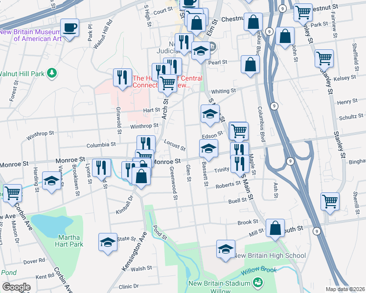 map of restaurants, bars, coffee shops, grocery stores, and more near 255 Glen Street in New Britain
