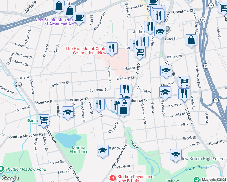 map of restaurants, bars, coffee shops, grocery stores, and more near 95 Columbia Street in New Britain