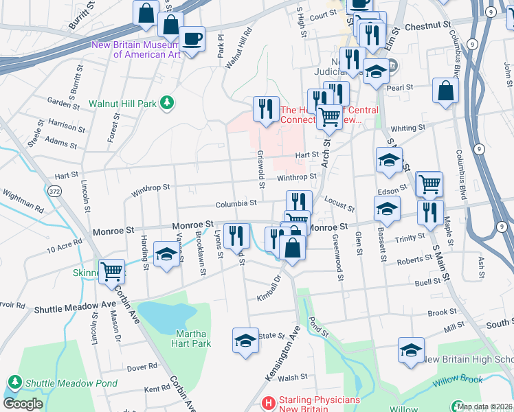 map of restaurants, bars, coffee shops, grocery stores, and more near 95 Columbia Street in New Britain