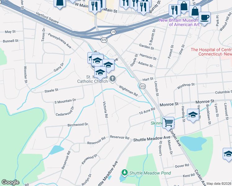 map of restaurants, bars, coffee shops, grocery stores, and more near 80 Wightman Road in New Britain