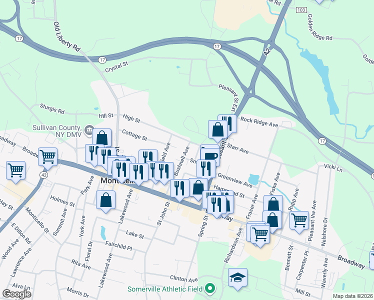 map of restaurants, bars, coffee shops, grocery stores, and more near 35 Bushnell Avenue in Monticello