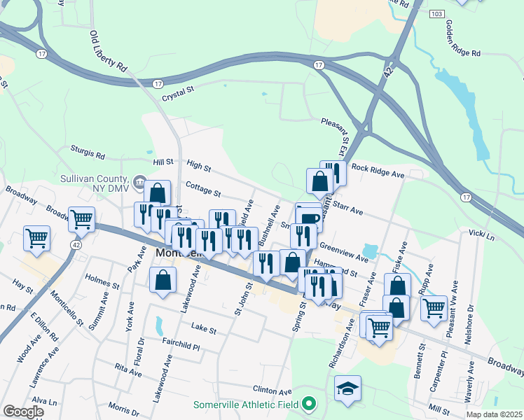 map of restaurants, bars, coffee shops, grocery stores, and more near 50 Landfield Avenue in Monticello