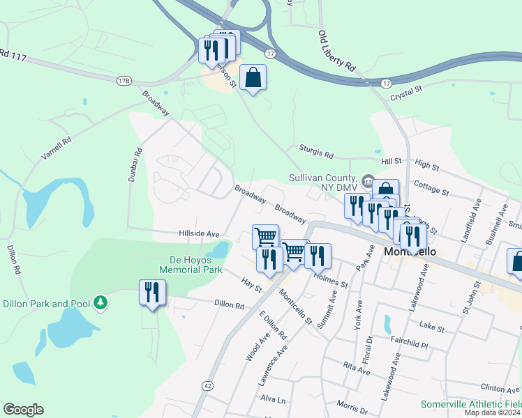 map of restaurants, bars, coffee shops, grocery stores, and more near 591 West Broadway in Monticello