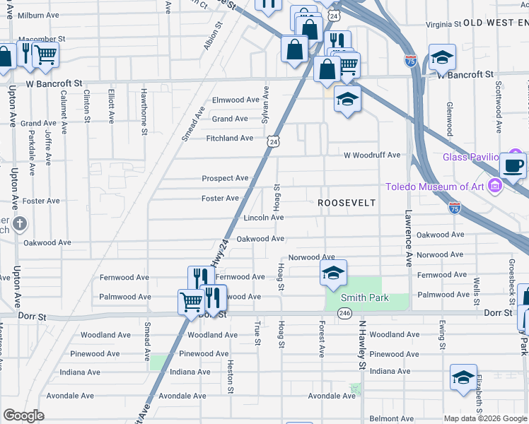 map of restaurants, bars, coffee shops, grocery stores, and more near 1828 N Detroit Ave in Toledo