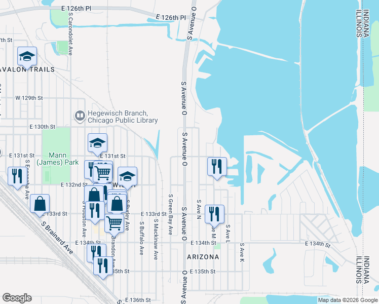 map of restaurants, bars, coffee shops, grocery stores, and more near 13038 South Avenue O in Chicago