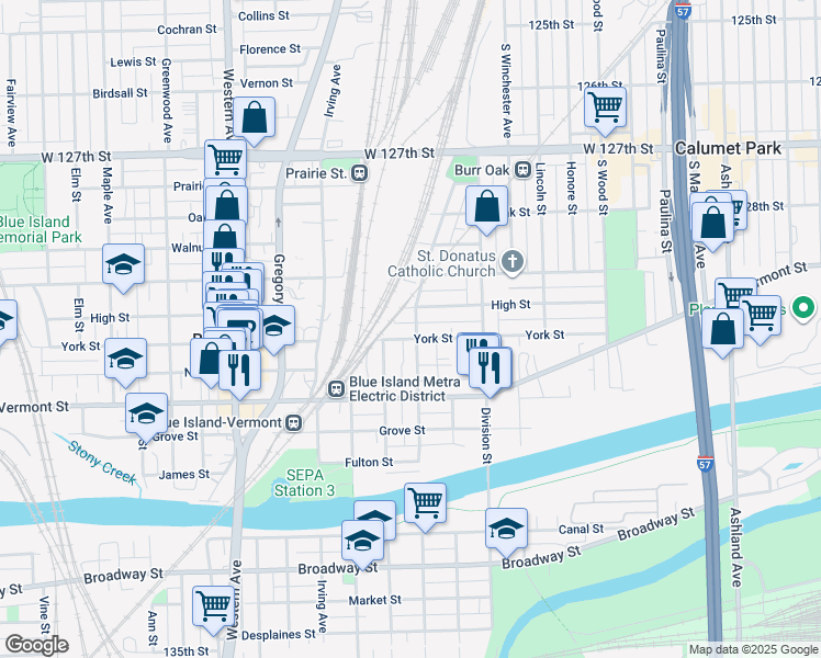 map of restaurants, bars, coffee shops, grocery stores, and more near 2107 High Street in Blue Island