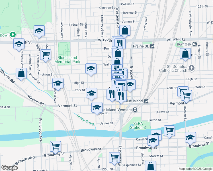 map of restaurants, bars, coffee shops, grocery stores, and more near 12925 Greenwood Avenue in Blue Island
