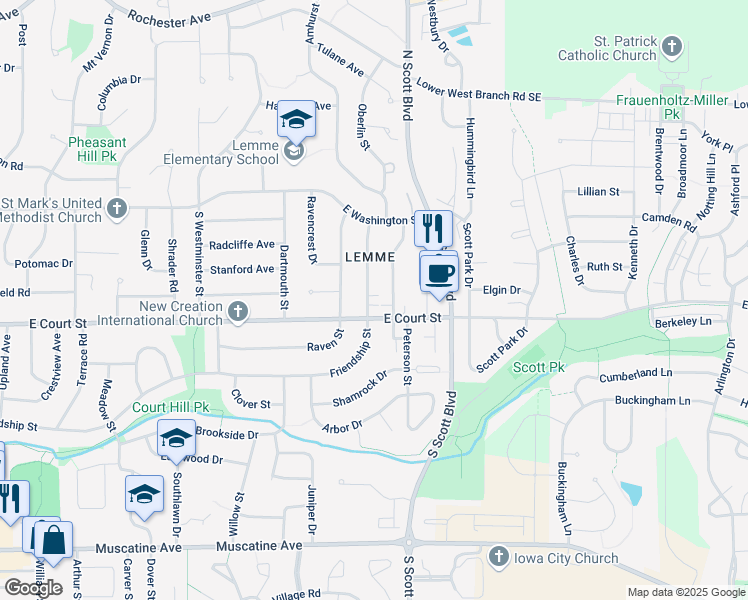 map of restaurants, bars, coffee shops, grocery stores, and more near 319 Friendship Street in Iowa City