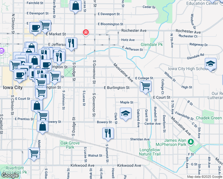 map of restaurants, bars, coffee shops, grocery stores, and more near 252 South Summit Street in Iowa City