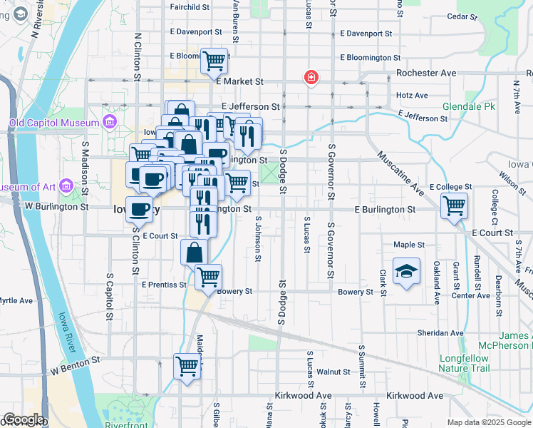 map of restaurants, bars, coffee shops, grocery stores, and more near 226 South Johnson Street in Iowa City