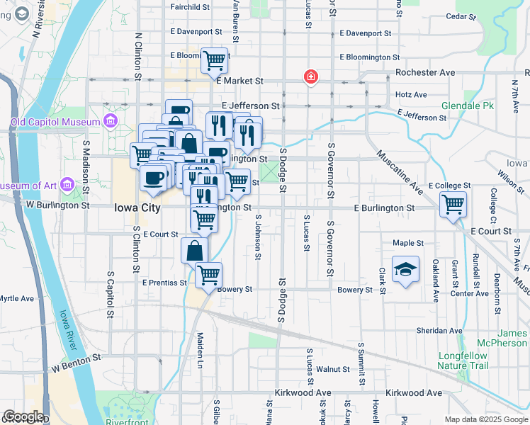 map of restaurants, bars, coffee shops, grocery stores, and more near 226 South Johnson Street in Iowa City