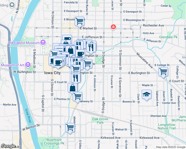 map of restaurants, bars, coffee shops, grocery stores, and more near 226 South Johnson Street in Iowa City