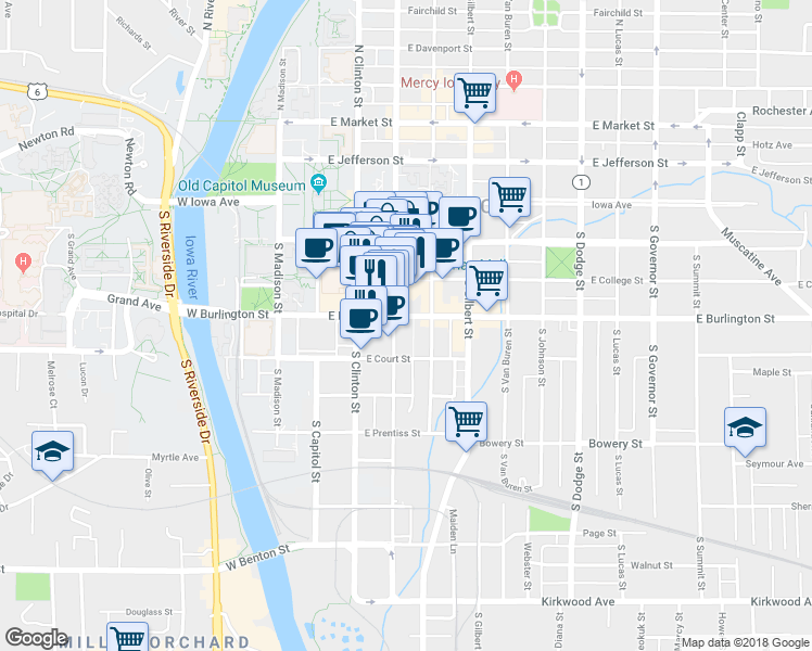map of restaurants, bars, coffee shops, grocery stores, and more near 210 South Dubuque Street in Iowa City