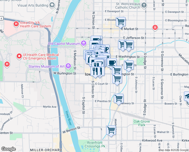 map of restaurants, bars, coffee shops, grocery stores, and more near in Iowa City