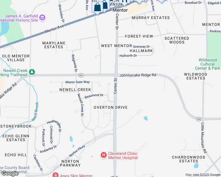 map of restaurants, bars, coffee shops, grocery stores, and more near 7829 Overton Drive in Mentor