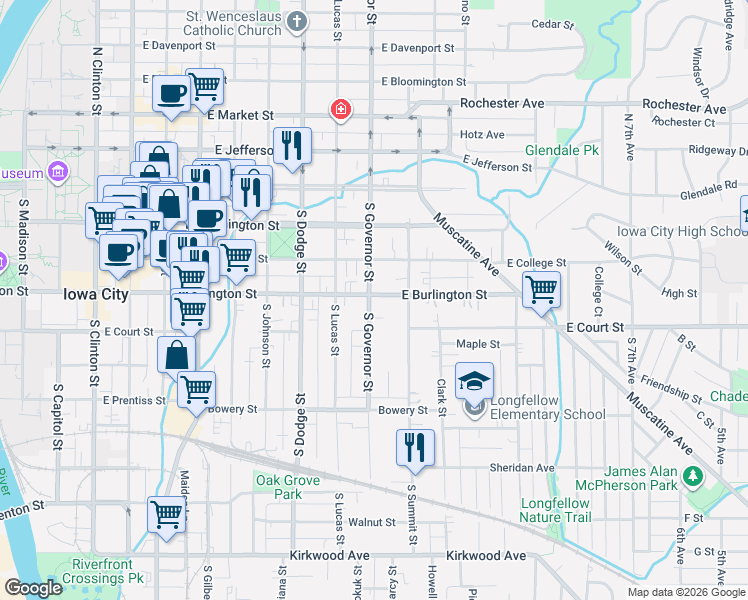 map of restaurants, bars, coffee shops, grocery stores, and more near 250 South Governor Street in Iowa City