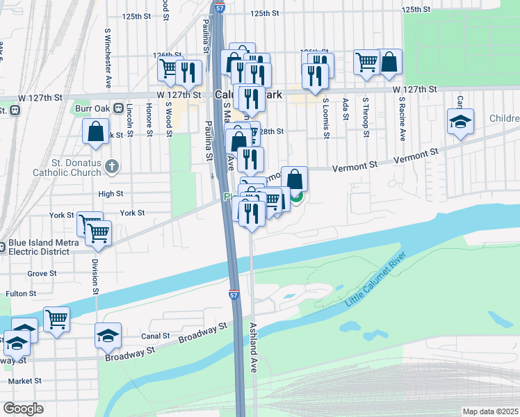 map of restaurants, bars, coffee shops, grocery stores, and more near 12901 South Ashland Avenue in Calumet Park