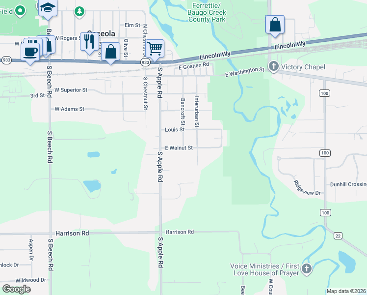 map of restaurants, bars, coffee shops, grocery stores, and more near 598 Bancroft Street in Osceola