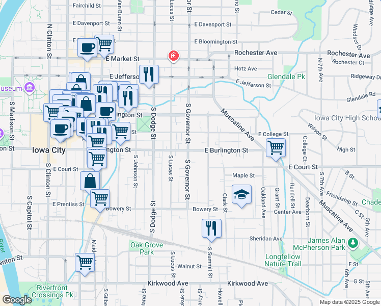 map of restaurants, bars, coffee shops, grocery stores, and more near 903 East Burlington Street in Iowa City