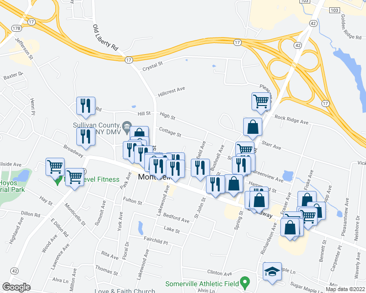 map of restaurants, bars, coffee shops, grocery stores, and more near 15 Roosa Avenue in Monticello