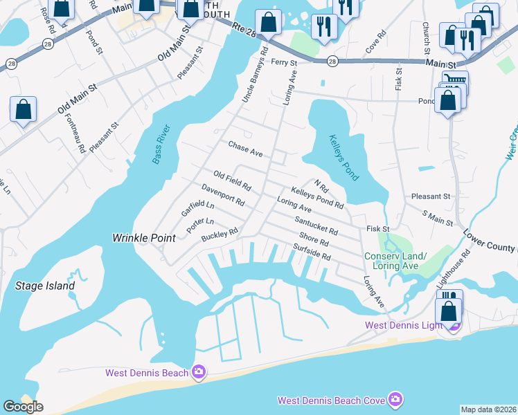 map of restaurants, bars, coffee shops, grocery stores, and more near 5 Merchant Avenue in Dennis
