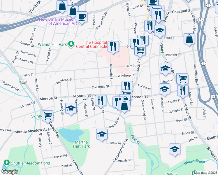 map of restaurants, bars, coffee shops, grocery stores, and more near 95 Columbia Street in New Britain