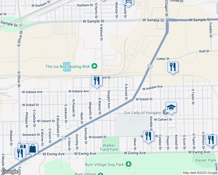 map of restaurants, bars, coffee shops, grocery stores, and more near 1574 Swygart Avenue in South Bend