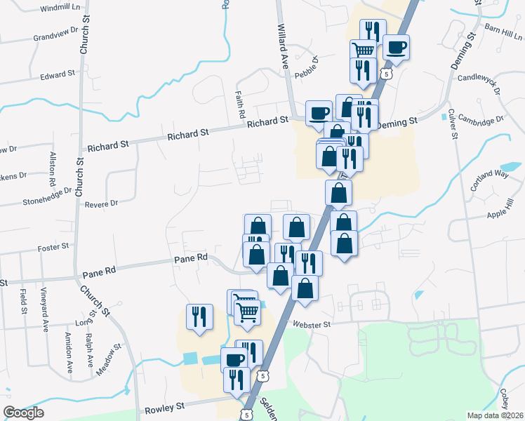 map of restaurants, bars, coffee shops, grocery stores, and more near 198 Holland Drive in Newington