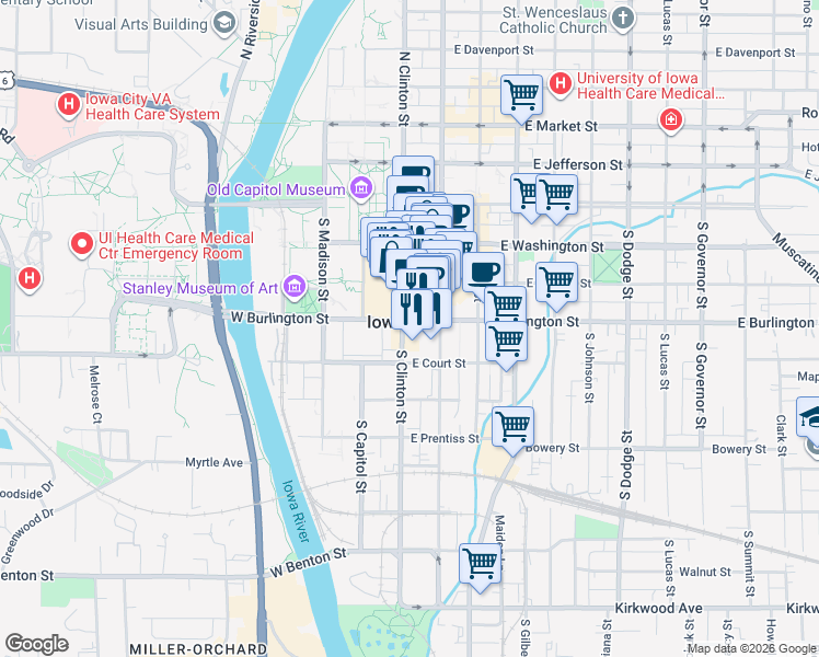 map of restaurants, bars, coffee shops, grocery stores, and more near in Iowa City