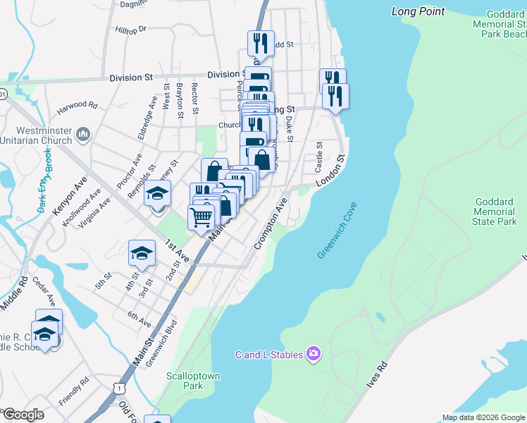 map of restaurants, bars, coffee shops, grocery stores, and more near 194 Marlborough Street in East Greenwich