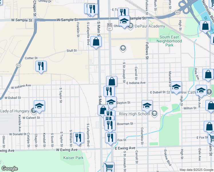 map of restaurants, bars, coffee shops, grocery stores, and more near in South Bend