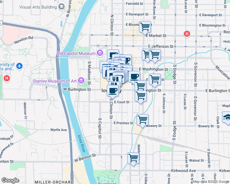 map of restaurants, bars, coffee shops, grocery stores, and more near in Iowa City