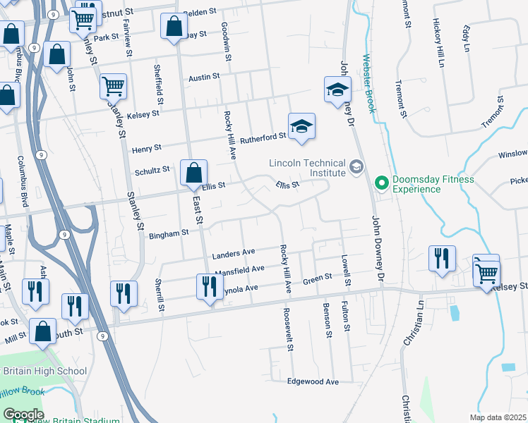 map of restaurants, bars, coffee shops, grocery stores, and more near 199 Rocky Hill Avenue in New Britain